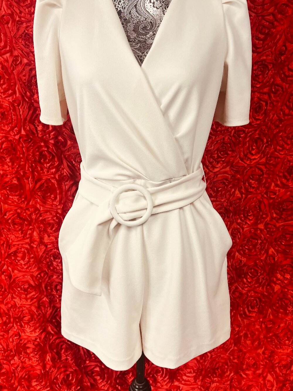 Express Puff Sleeve Crossover Top Belted Black Romper White/off white Size M
